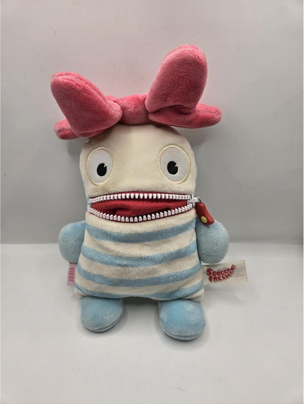 Schmidt Spiele Worry Eater Lilli Plush Blue White Striped Pink Bow 11"